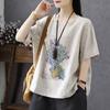 Sudeste Asiático Transfronteiriço Primavera e Verão plus size Solto Elegante Casual Retro Algodão e Linho Manga Curta Estampado Gola Redonda Camiseta Top