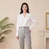 Directamente del fabricante: Camisa Elástica de Seda Doble Georgette para Mujer, Cuello en V, Manga Larga, Hecha de Seda de Morera, Adecuada para el Trabajo, Ropa Femenina de Lujo Ligero, Disponible para Dropshipping