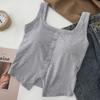 Moda Primavera e Verão Versátil Menina Popular Alça Única Gola Quadrada Lisa Botão Colete Emagrecimento Suporte Fixo Roupa Externa Base Feminina