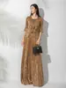 Elegante Vestido Largo de Moda de Gama Alta con Flores Tridimensionales, Plisado, Estampado Dorado, Elegante y con Estilo, Cintura Ceñida Suelta