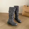 Foto real~Botas de cavaleiro com fivela de circunferência grande femininas 2026 Outono/Inverno Novo Preto Bico Redondo Longas Enrugadas Femininas