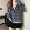 Toma real~ Suéter de punto nuevo de otoño para mujer talla grande, con capucha, bloques de color, imitación de dos piezas, manga larga, hombro normal