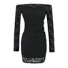 Estilo puramente seductor, vestido de manga larga con hombros descubiertos, vestido bodycon sexy ajustado con falda corta plisada que ciñe la cintura para mujer