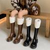Snow Girl ~ Botas de couro de vaca de lã completa Knight 2024 Inverno Sola grossa Salto médio grosso Botas de couro de cano alto Mao Mao femininas