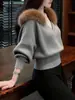 Novo Estilo Outono e Inverno Gola V Patchwork Gola de Pelo Curto Estilo Preguiçoso Manga Longa Bufante Malha Blusa Feminina Tendência