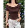 Camiseta de Manga Corta para Mujer, Estilo Francés de Verano, Hombros Descubiertos, Corte Ajustado, Estilo Puro Deseo, Versátil y Sencilla, Venta al por Mayor