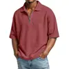 Camisa Polo Masculina de Verão Europeia e Americana, Cor Sólida, Waffle, Manga Curta, Gola com Zíper, Camiseta Masculina Casual Esportiva