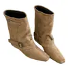 Botas estilo francés con diseño de nicho, botas de tacón alto estilo western, botas de caballero, nuevas botas cortas de gamuza color caqui vintage de otoño para mujer