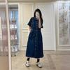 Vestido de Mezclilla con Cuello Polo de Manga Corta para Mujer, Verano 2026, Algodón, Cintura Alta, Color Sólido, Cintura Elástica, Vestido Camisero