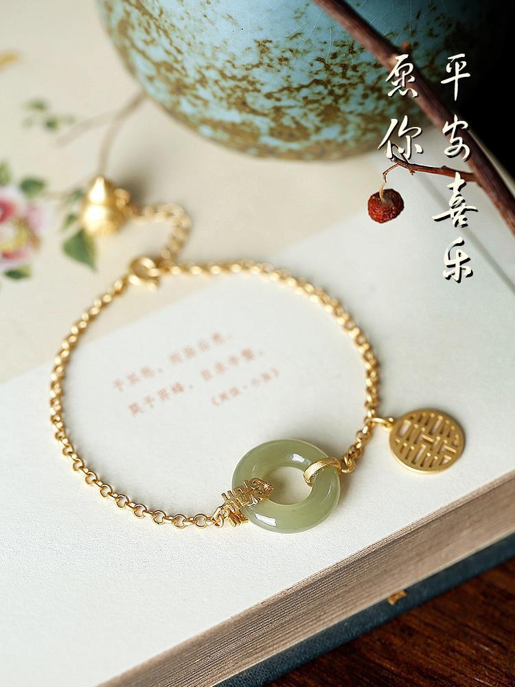 智贝详情图_0原创s925度银镀金手链女天然和田玉平安扣碧玉