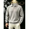 Camisa polo con textura de rayas de pozo para hombre, otoño, marca de moda, para ir al trabajo, versátil, cuello con solapas, ligeramente maduro, casual, top de manga larga