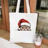 Bolsa de Ombro de Lona Estampada com Chapéu de Natal de Gato para Estudante Compras Diárias Bolsa de Mão Venda Quente Transfronteiriça 0922-15