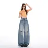 Jeans de Mujer de Pierna Ancha Sueltos y Caídos con Textura de Bambú Desgastado Estilo Retro Americano de Verano con un Toque de Alta Gama