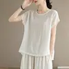 Camiseta de algodón y lino para talla grande de verano, estilo vintage, color liso, cuello redondo, manga corta, nueva 2026, ajuste slim, holgada, casual