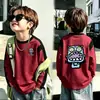 Camiseta de manga comprida com blocos de cor e retalhos para meninos, estilo primavera e outono, coleção de outono infantil, para meninos mais velhos, camiseta com manga raglan, blusa de modelagem solta