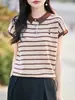 Nuevo Top de Manga Corta Rayado Bordado con Solapa Estilo Coreano Chic Adelgazante Transpirable Amigable con la Piel Versátil Capa Base para Mujer