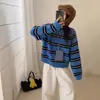Chaqueta Suéter de Rayas Bloque de Color Cuello Redondo para Mujer Otoño Nuevo Estilo Coreano Holgado Perezoso Cardigan de Punto con Doble Cremallera