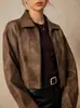 Top de Suede Casual con Solapa Vintage para Mujer 2024 Otoño Nuevo Street Todas las Combinaciones Cremallera Chaqueta Corta