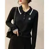 Suéter de Punto Trenzado Estilo Universitario Francés 2026 con Cuello Polo Bordado, Nuevo Top de Contraste de Color Vintage de Alta Gama Otoño/Invierno para Mujer