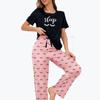 Conjunto de Pijama Feminino Europeu e Americano Transfronteiriço Loungewear Seda de Leite Estampa de Letras por Toda Parte Manga Curta Calça Longa Atacado Estilo Fino