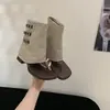 Botas de Salto Grosso, Sandálias de Dedo, Sapatos Femininos, Novo Estilo de Verão 2025, Adequado para Saias, Cor Cáqui, Botas Bootcut, Botas de Cano Médio