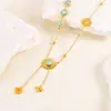 Colar Duplo de Flores com Franjas Sol Turquesa Retrô Aço Inoxidável Novo Estilo Europeu e Americano Colar de Personalidade e Temperamento Moda Atacado
