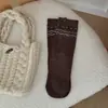 Calcetines apilados color marrón Maillard para otoño e invierno para mujer, estilo japonés, con ribete de burbujas, estampado floral y lazo, calcetines de media pantorrilla para combinar con zapatos Birkenstock