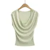 Camiseta de Tricô Estilo Desejo Puro Peça Falsa Dupla Gola Drapeada, Nova Moda de Verão Versátil Slim-Fit Cor Sólida Top Elegante