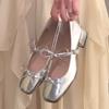 Plateado Hermosos Zapatos Pequeños Mujer Punta Cuadrada Lazo Primavera Estilo Ballet Mary Jane Tacones Altos con Falda 2025
