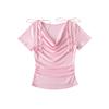 A990-25 Novo Estilo de Verão American Girl Menina Doce Casual Alça de Ombro Gola Drapeada Manga Curta Camiseta Básica