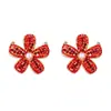 Versión Coreana Transfronteriza Exquisita Moda Simple Aleación Completo Diamante Perla de Imitación Flor Roja Personalidad Arete Versátil Pendientes para Mujer