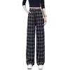 Pantalones de cuadros azul marino de pierna ancha hechos a medida para mujer para primavera y otoño, de cintura alta, con cordón, fluidos, holgados, corte recto, a cuadros vintage, de largo hasta el suelo