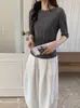 Suéter de punto fino estilo francés 100% lana, cuello redondo sin costuras, top de punto de manga media para mujer, jacquard otoñal de corte ajustado, camiseta básica lavable a máquina