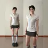 Camiseta Polo de Gola V Estilo Coreano com Ombro Reto para Mulheres, Slim Fit Manga Curta Verão Gola Reversível Simples Versátil Top Esportivo Roupa de Tênis