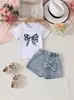 Conjunto Casual de Verano de 2 Piezas: Shorts de Mezclilla con Estampado Lindo y Camiseta de Manga Corta, Set con Lazo
