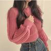 Suéter macio e encerado estilo coreano, manga bufante rosa, antienvelhecimento, para mulheres, moda outono e inverno, estilo irmã real, pulôver solto, top de malha