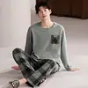 Pijama masculino 100% algodão para primavera e outono, manga longa, calça longa, gola redonda, estilo casa confortável, pode ser usado fora, conjunto de roupa para casa