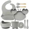 Set de Alimentación para Bebé de Silicona de 9 Piezas - Plato Dividido con Ventosa y Tazón con Forma de Cangrejo con Babero Ajustable y Utensilios