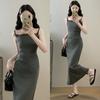 Vestido Largo Gris Estilo Francés con Retazos de Encaje y Tirantes Finos para Mujer, Nuevo Modelo Verano 2026, Elegante Bodycon Petite