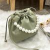 Elegante Sweet Pearl Handbag Mini Drawstring Bucket bag senhoras saco Meninas Shoulder Crossbody Mobile Phone bag