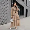 M397 # Vestido feminino transfronteiriço da Amazon com retalhos de fita, saia em camadas, mangas 9/10, gola alta, vestido midi turco