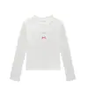 Blusa Branca de Gola Redonda com Ombro Caído e Manga Longa para Mulheres, Novo Estilo Primavera/Outono, Design Simples de Laço, Corte Justo, Camada Base Estilo Doce & Picante