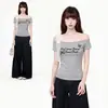 Camiseta Cinza Estampada de Manga Curta com Amarração, Ombro a Ombro e Um Ombro Só para Mulheres, Novo Top Slim Fit para o Verão 2026
