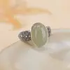 Anillo Yilu de Plata de Ley S925 con Jade Hetian y Patrón Floral Vintage Desgastado, Anillo Cabujón Simple Hueco
