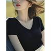 Elegante Versátil Bonita Azul Tricô Gola V Manga Curta Camiseta Feminina Verão Super Bonita Simples Camisa