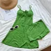 Traje de baño de una pieza strapless verde texturizado estilo vacación retro francés para mujer, Nuevo para playa Primavera y Verano, Traje de baño modelador