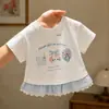 2026 Camiseta Fofa de Manga Curta para Meninas Verão Novo Estilo Menina Bebê Estilo Coreano Desenho Animado Fofo Xadrez Renda Blusa Camiseta Tendência