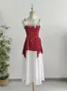 Vestido de tirantes con ribete de encaje y dobladillo irregular, vestido de cintura alta, estilo vacacional suave, vestido largo floral plisado