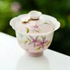 Conjunto de Chá Gaiwan de Três Peças com Flor de Cerejeira Roxa e Rosa Pintado à Mão, Tigela de Chá Doméstica Individual de Cerâmica de Alta Qualidade com Tampa, Xícara de Chá, Conjunto de Chá Kung Fu