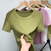 Camiseta Modal de Manga Corta para Mujer 2025 Nueva Camiseta de Color Puro de Cuello Redondo de Ala Ancha para Mujer Top Ajustado de Cintura Elástica